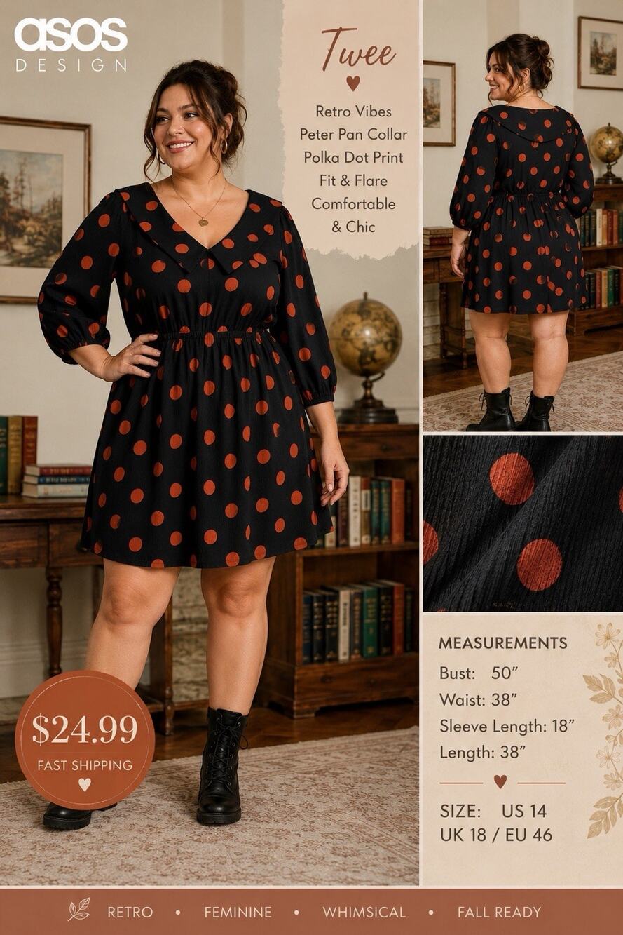ASOS CURVE Dress Black Orange Dots SZ 14 Mini Dress Peter Pan Collar Fit&Flare